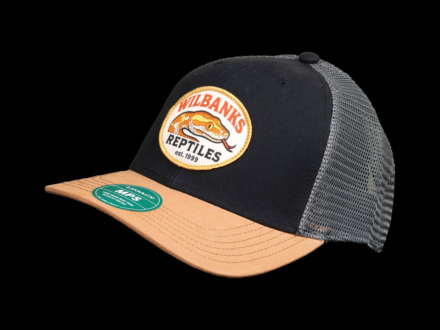 Wilbanks Reptiles Mid-Pro Snapback Trucker Hat – Black/Caramel/Dark Grey